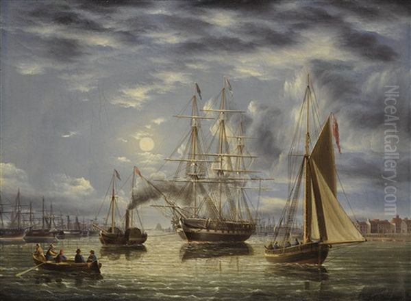 Ships In Harbor (frigate Under Tow On The Thames River With Greenwich In The Distance) - view 1