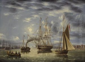 Ships In Harbor (frigate Under Tow On The Thames River With Greenwich In The Distance) by James Edward Buttersworth