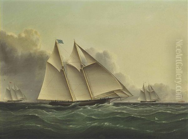 Three Schooner Yachts Racing In A Squall - view 1