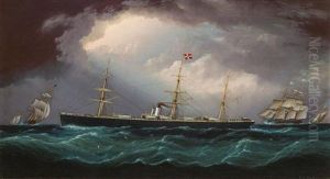 The National Line's Steamer Italy Amidst Other Vessels At Sea by James Edward Buttersworth
