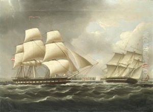 A Frigate Of The Austro-hungarian Navy In Two Positions Off Cadiz by James Edward Buttersworth