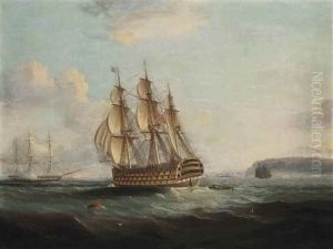 A Ship Of The Line Off The South Coast, With A Frigate Firing A Salute Beyond by James Edward Buttersworth