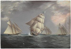 A Merchant Ship Crossing A Schooner Race