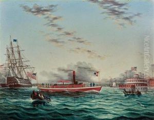 New York Harbor With Castle Clinton, A Pilot Ship And A Frigate