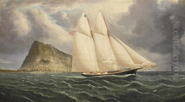 An American Schooner Yacht With Gibralter Harbour In The Background - view 1