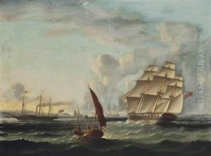 Frigate Approaching The Mouth Of The Tagus With A Paddle Steamer Passing The Belem Tower, Lisbon