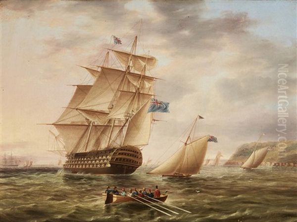 A British Ship Of The Blue Fleet Sailing Out Past Racing Cutters - view 1