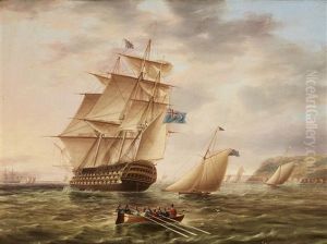 A British Ship Of The Blue Fleet Sailing Out Past Racing Cutters