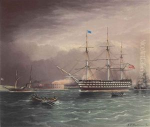 The U.s.s. Pennsylvania Under Tow At The Outbreak Of The American Civil War With Fort Monroe In The Background by James Edward Buttersworth