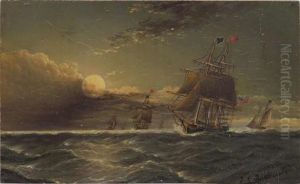 Ships In Full Sail, One With American Flag, In The Moon Light by James Edward Buttersworth