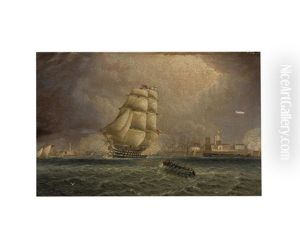 A British Ship Of The Line Firing A Salute While Departing Portsmouth Harbour by James Edward Buttersworth