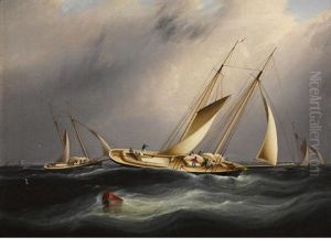 Schooners From The New York Yacht Club Reefing Off Sandy Hook by James Edward Buttersworth