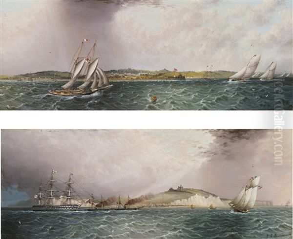 View Of Ryde And Pier, Isle Of Wight Opposite Portsmouth And A Three Decker Off Dover Castle With Shakespeare Cliff In The Distance (2 Works) - view 1