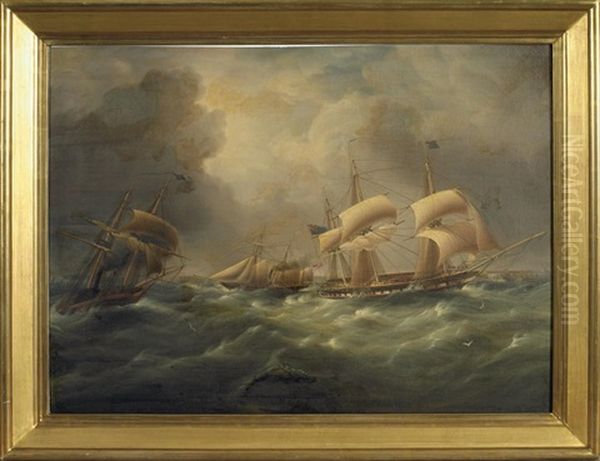 Two British Frigates And An American Ship Giving Chase - view 1