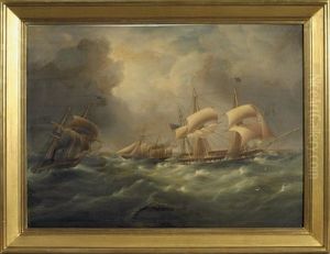 Two British Frigates And An American Ship Giving Chase