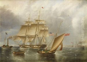 An American Ship Being Towed Out With Other Shipping