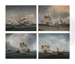 A Royal Navy Two-decker..., Warships And Other Coastal Craft..., A Royal Navy Two-decker Running Before... And A Royal Navy Two-decker...(4 Works) by James Edward Buttersworth