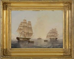 Two American Full-rigged Ships Offshore Alongside A Side-wheel Steamship And Two Dories With Crewmen