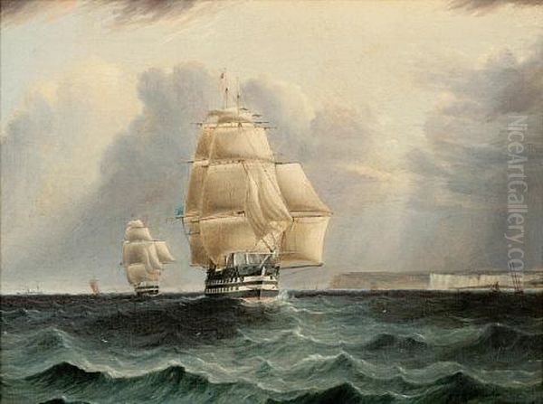 A British Ship Of The Line Leading The Blue Squadron Past Dover - view 1