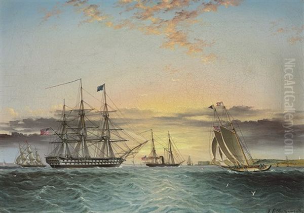 The U.s.s. Ohio Under Tow In The Lower Bay, New York, With A View Of Fort Hamilton - view 1