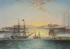 The U.s.s. Ohio Under Tow In The Lower Bay, New York, With A View Of Fort Hamilton by James Edward Buttersworth