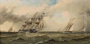 Sailing Vessels Rounding A Distant Headland by James Edward Buttersworth