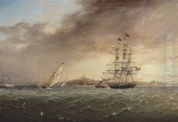 A Large Merchantman Being Towed Into Boston Amidst Yachts Racing Offshore, A Panorama Of The City Beyond - view 1