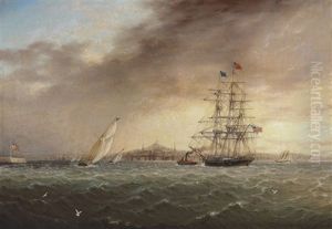A Large Merchantman Being Towed Into Boston Amidst Yachts Racing Offshore, A Panorama Of The City Beyond