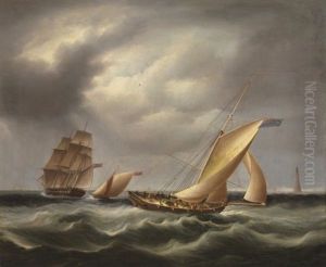 A Royal Navy Frigate Off The Bishop's Rock Lighthouse With Two Armed Cutters Off Her Stern by James Edward Buttersworth