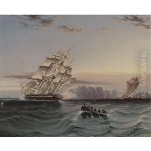 Us Frigate And Privateer by James Edward Buttersworth