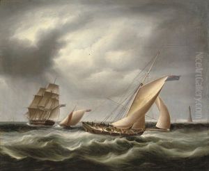 A Royal Navy Frigate Off The Bishop's Rock Lighthouse, With Two Armed Cutters Off Her Stern by James Edward Buttersworth