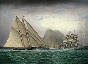 A Schooner And A Barque Sailing Into A Harbor by James Edward Buttersworth