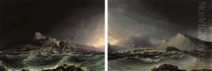 An American Clipper In Distress Off A Rocky Shore (+ Another; Pair) by James Edward Buttersworth
