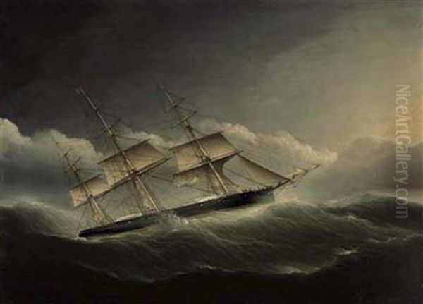 An American Clipper Ship Battling Through A Hurricane Under Reduced Sail - view 1
