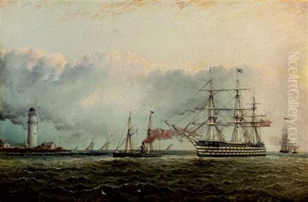 An American Ship Of The Line Under Tow Off A White Lighthouse - view 1