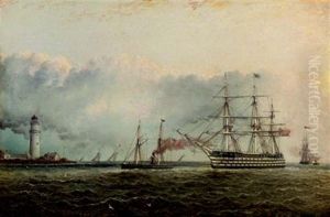 An American Ship Of The Line Under Tow Off A White Lighthouse