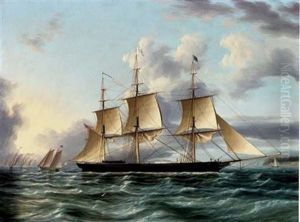 The American Clipper "architect" Off A Coast With Pilot Boat, A Regatta And Other Shipping In The Distance