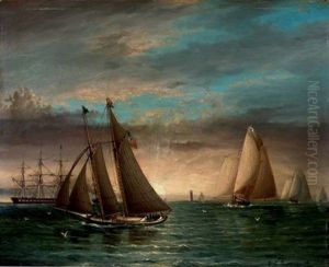 A Schooner And Other Yachts Racing Downwind At Sunset