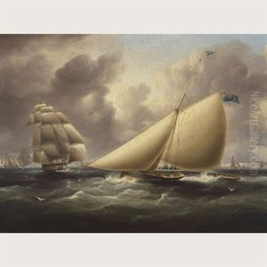 Cutter Rigged Sailboat Carrying A Blue Ensign With "st. Edwards Crown" Approaching, A Ship Of The Line Off The Coast Of Dover by James Edward Buttersworth