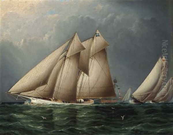 The Schooner Yacht "fenella" Rounding Sandy Hook Lightship With "estelle" Following - view 1