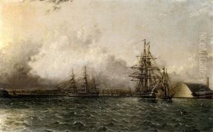 An American 74 Gun Ship In Two Positions Being Towed Off The Chapman's Dock And The Old Brooklyn Navy Yard, East River, New York by James Edward Buttersworth