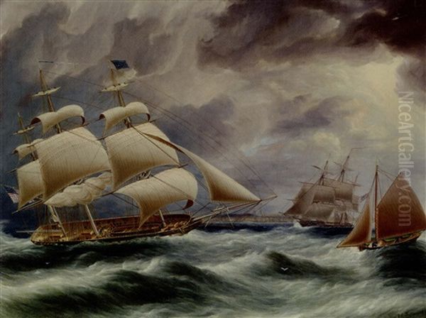 A Three-masted U.s. Merchantman Shortening Sail Off The American Coast - view 1