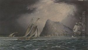 A New York Yacht Club Schooner Off Gibraltar With A Naval Fleet Anchored In The Distance