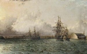 An American 74 Gun Ship, 0ld Brooklyn Navy Yard, East River, New York by James Edward Buttersworth