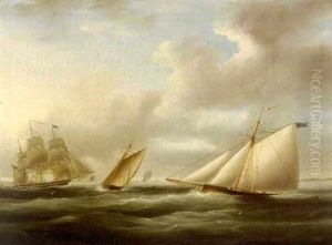 A Frigate And Schooner Yachts Off A Coast by James Edward Buttersworth
