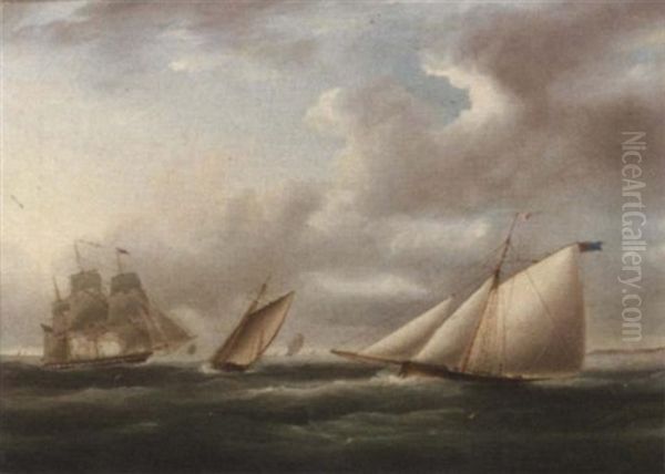 Two Racing Cutters On Opposite Tacks With A Royal Naval Frigate Off To Windward - view 1