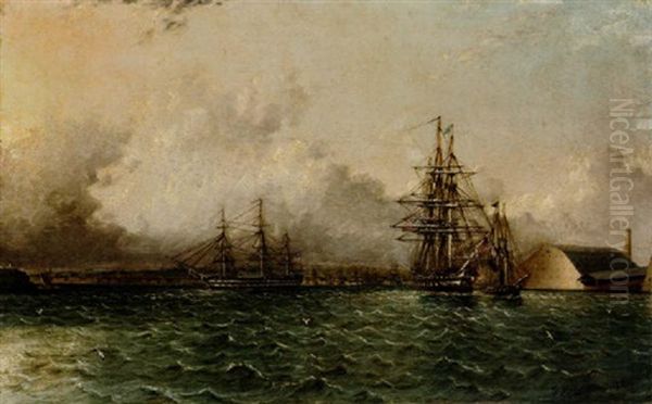 An American 74 Gun Ship In Two Positions Being Towed Off Of Chapman's Dock And The Old Brooklyn Navy Yard, East River New York - view 1