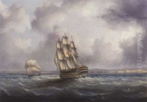 A British First Rate In The Atlantic With Cadiz Off To Starboard