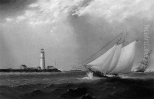 Schooner And Vessels Off The New England Coast With A Lighthouse In The Distance by James Edward Buttersworth
