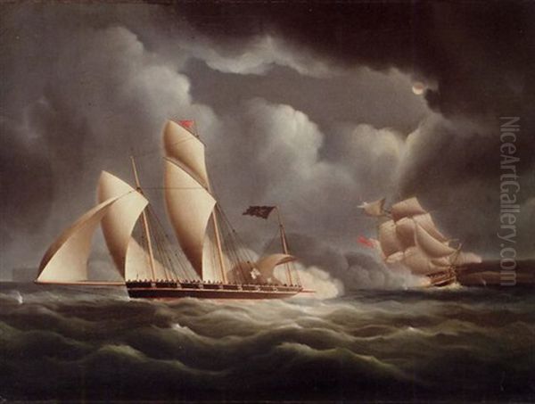 A British Frigate Attacking A Pirate Lugger At Night - view 1